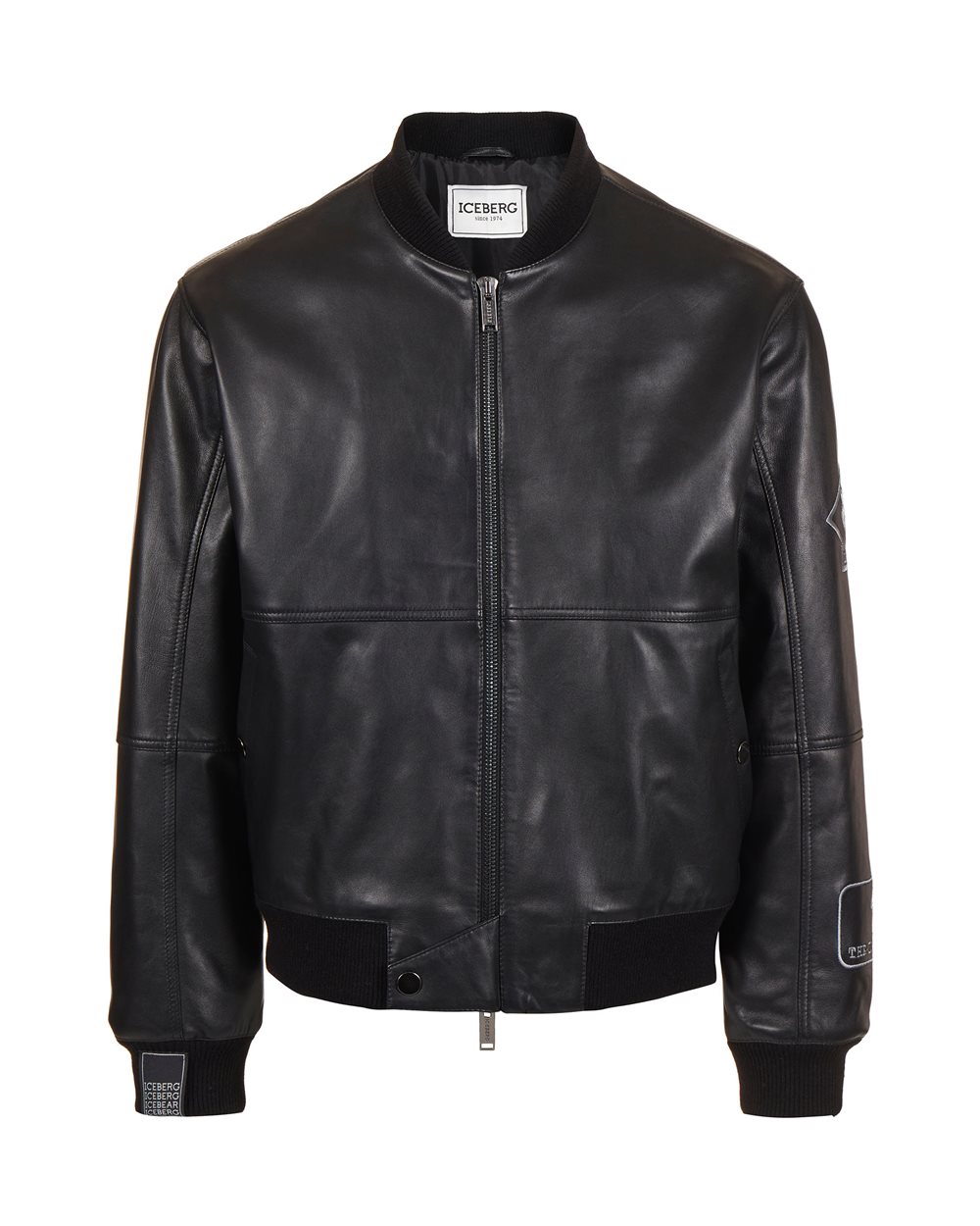 Bomber in pelle nero con patch ricamati - Capispalla | Iceberg - Official Website