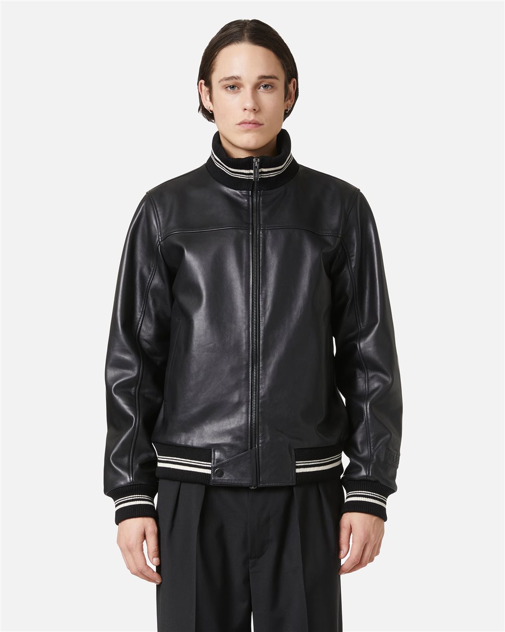 Bomber nero in pelle con logo Iceber ricamato - Capispalla | Iceberg - Official Website