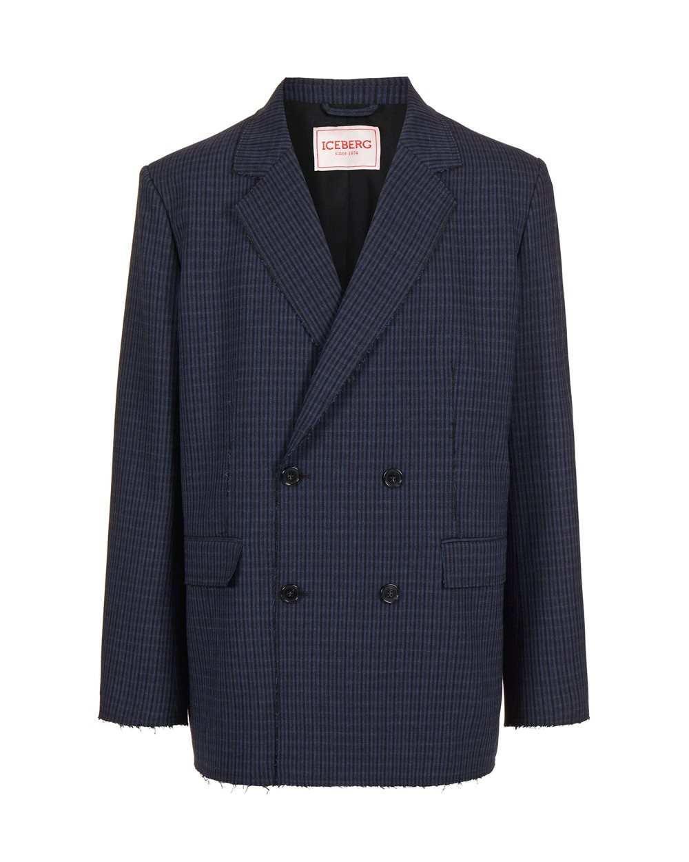 Regular-fit double-breasted jacket in blue and black check - Outerwear | Iceberg - Official Website