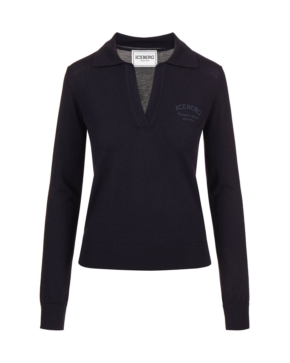Polo blu a manica lunga in lana Merinos extrafine con logo Iceberg - New in | Iceberg - Official Website