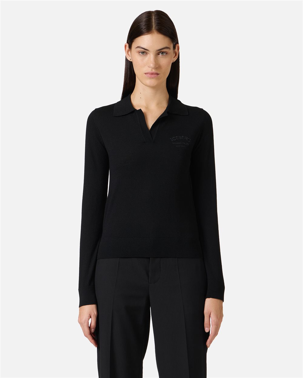 Black long-sleeved polo shirt in extra-fine Merino wool with Iceberg logo - New in | Iceberg - Official Website