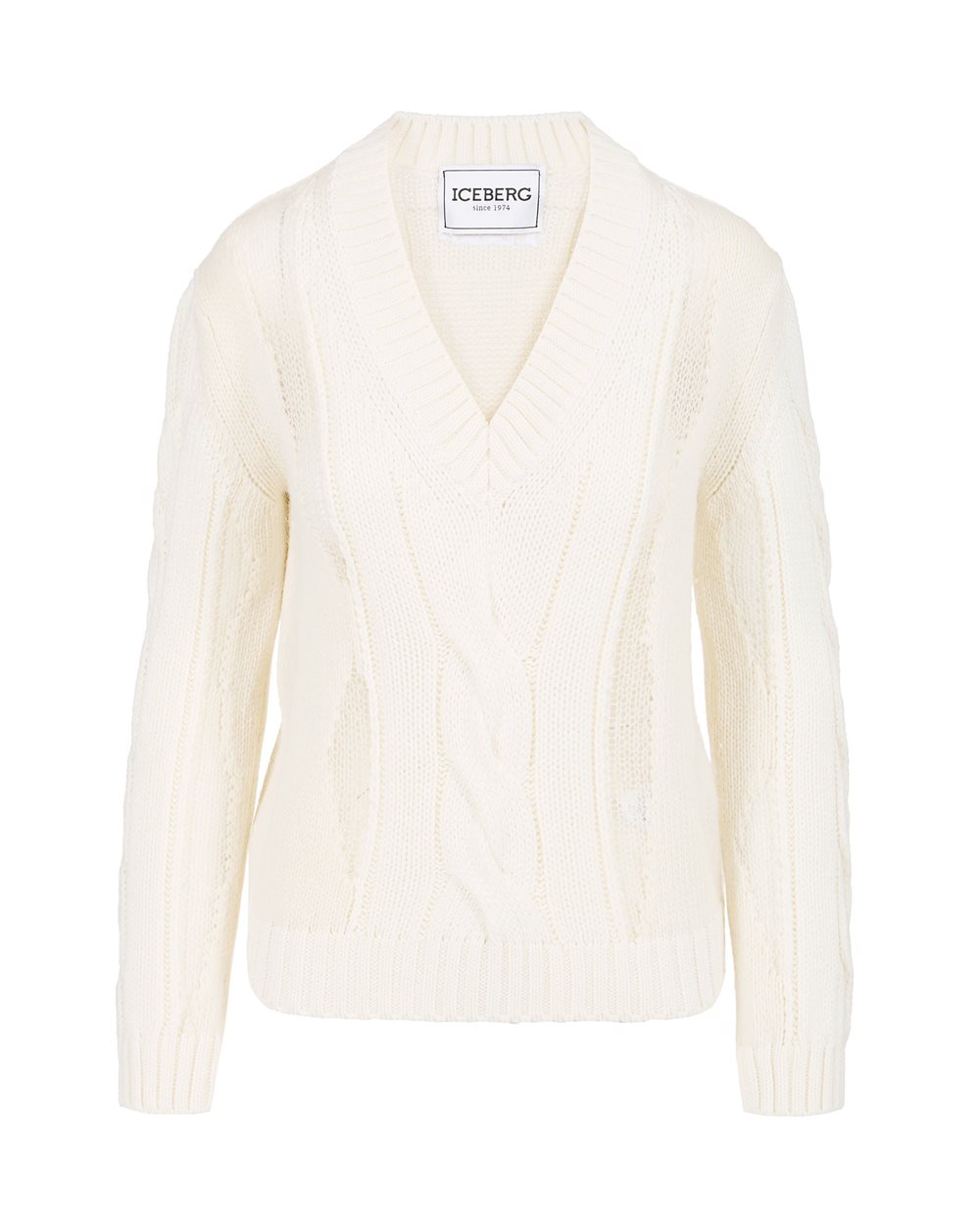 Ecru long-sleeved V-neck sweater in merino wool - New in | Iceberg - Official Website