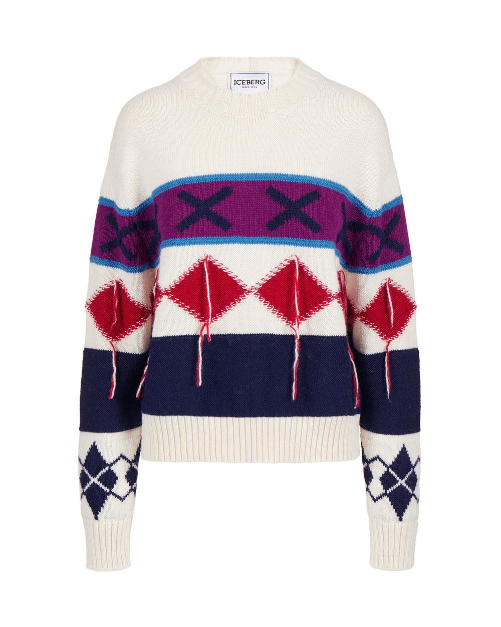 Pullover mit Rundhalsausschnitt mit Rauten-Inlay - Strickmode | Iceberg - Official Website