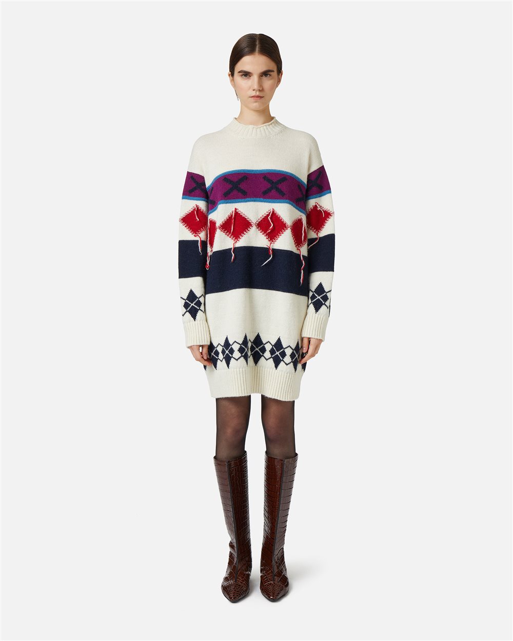Strickkleid im Comfort Fit: kontrastierende Geometrien und auffälliges Garn - Kleider und Röcke | Iceberg - Official Website
