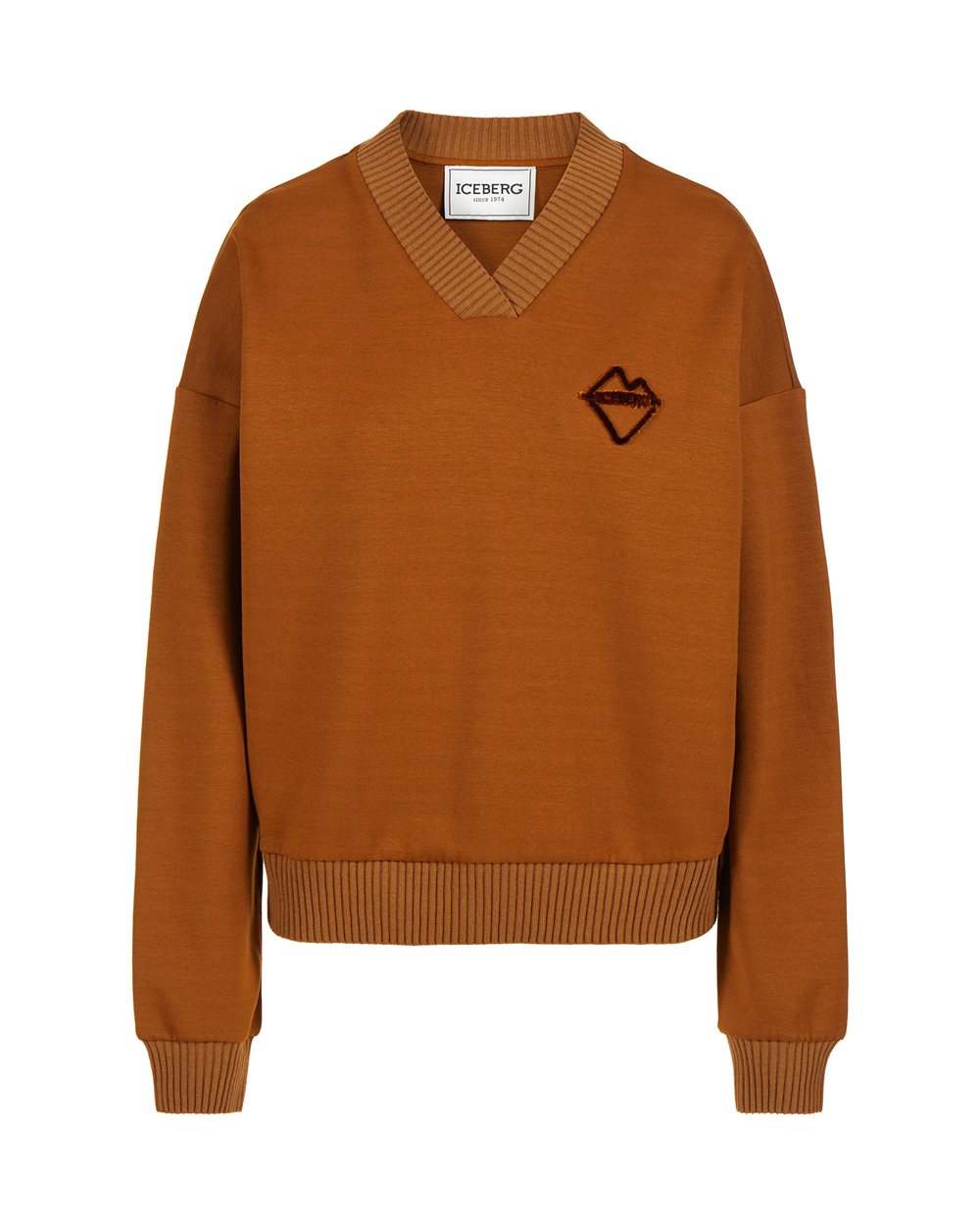Hazelnut-colored sweatshirt with V-neck and embossed Iceberg logo - New in | Iceberg - Official Website