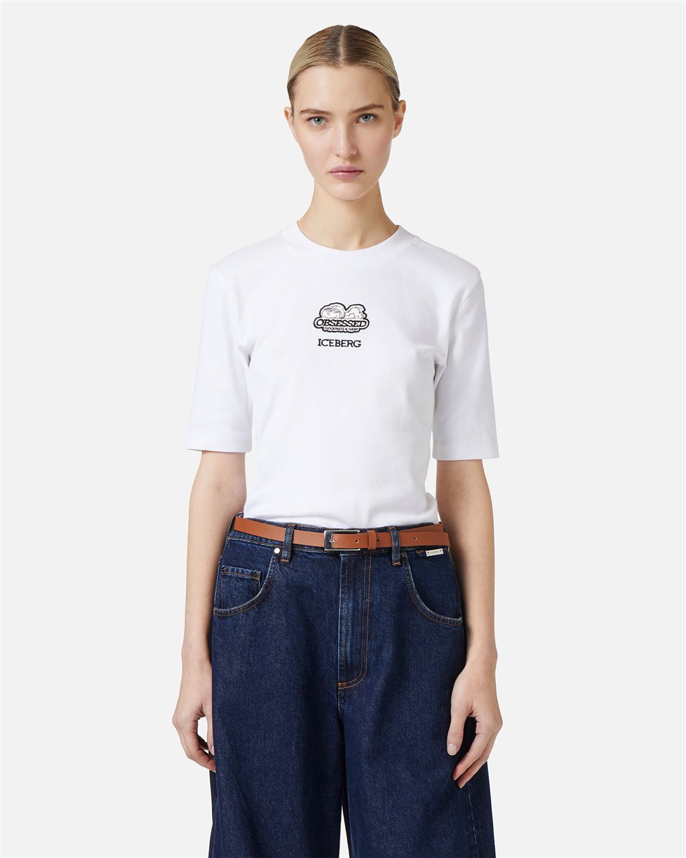 Slim fit ribbed T-shirt with Snoopy patch and embroidered logo - Woman | Iceberg - Official Website