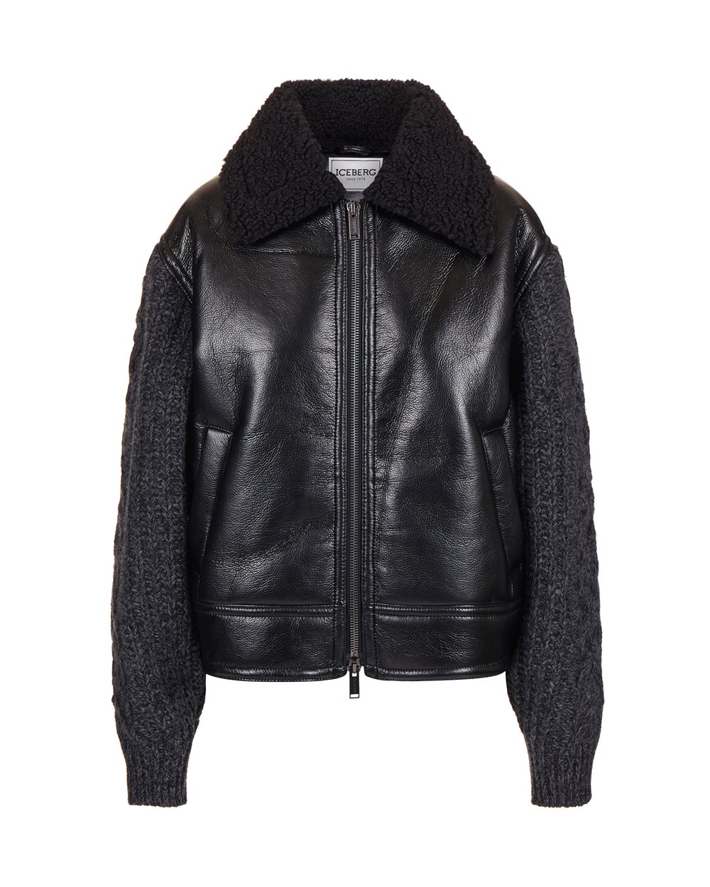 Black sheepskin and braided knit jacket with teddy bear details - Outerwear | Iceberg - Official Website