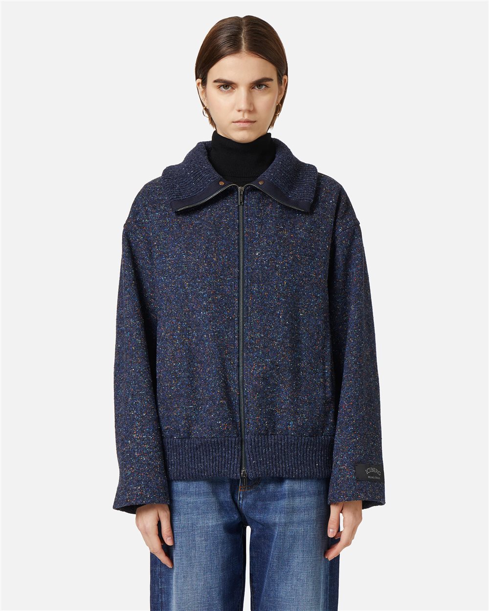 Comfort fit jacket in bouclé wool blend in a mix of blue - Outerwear | Iceberg - Official Website