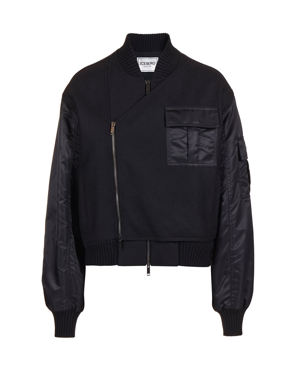 Comfort fit black jacket in cloth and nylon with logo zip and technical details - New in | Iceberg - Official Website
