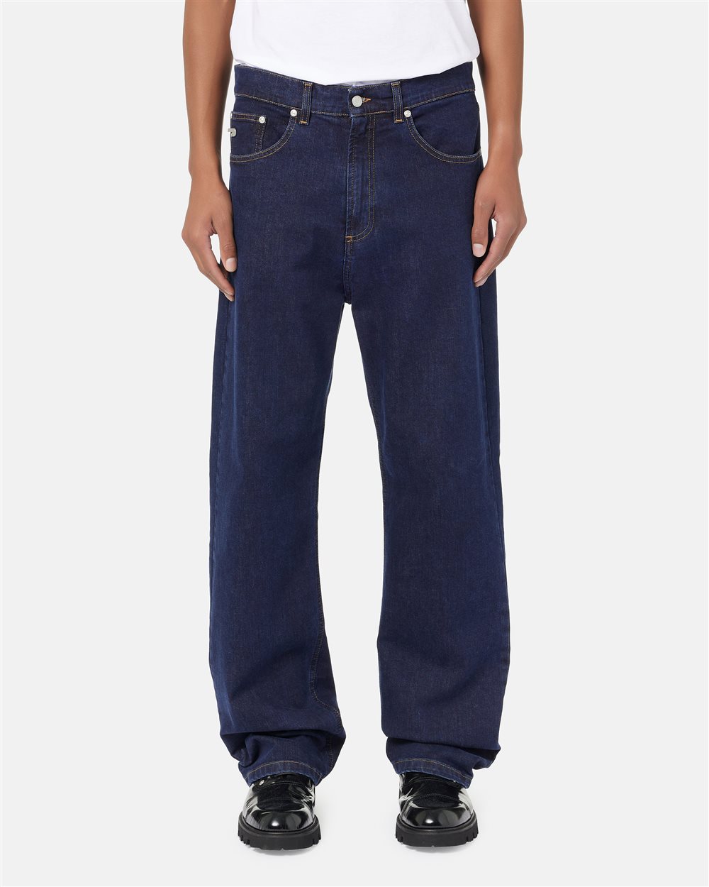 Baggy fit trousers in indigo blue stretch denim with logo details - carosello iceberg jeans man | Iceberg - Official Website
