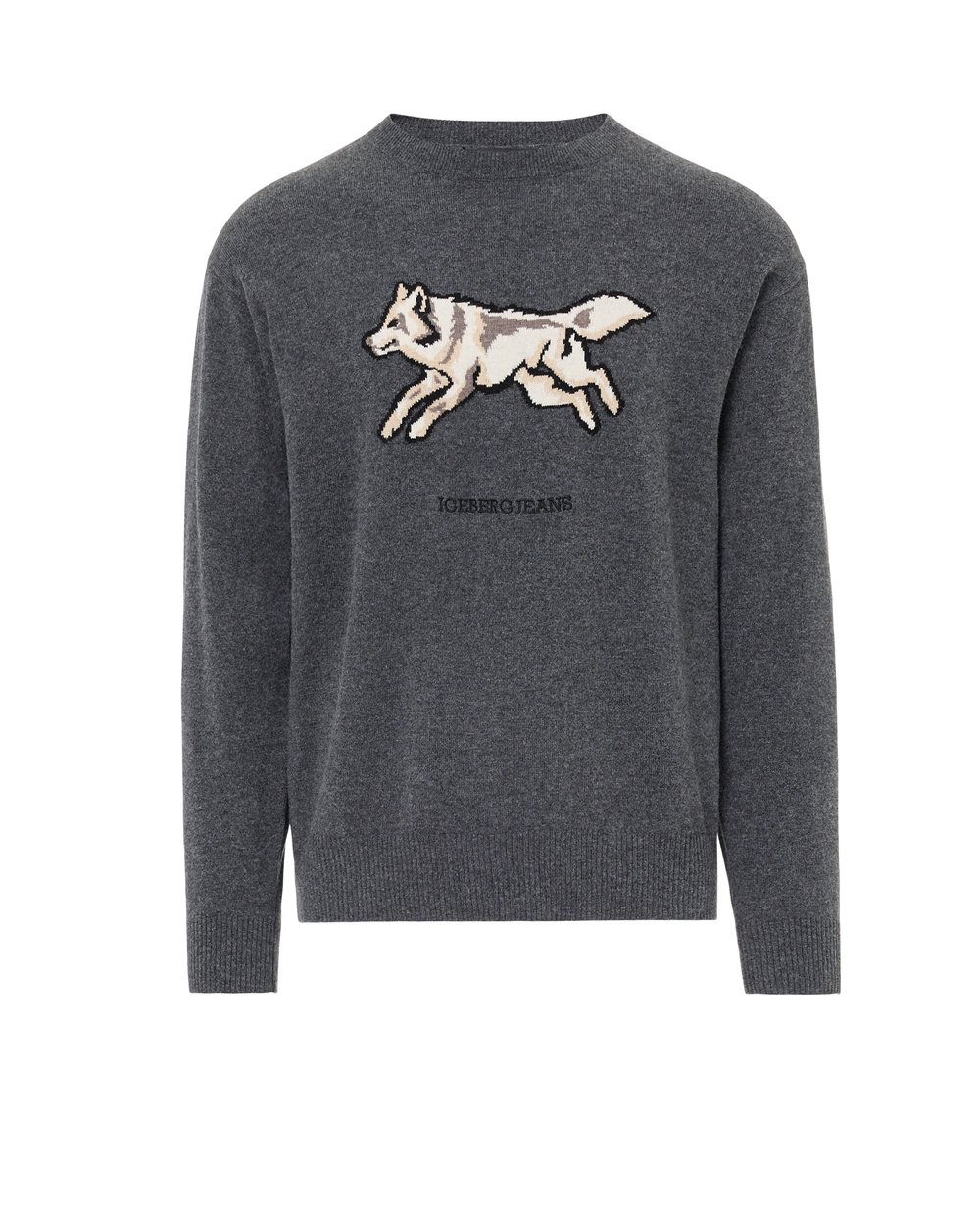 Pullover girocollo grigio piombo in maglia misto lana cashmere con intarsio lupo e ricamo logo Iceberg - abbigliamento | Iceberg - Official Website