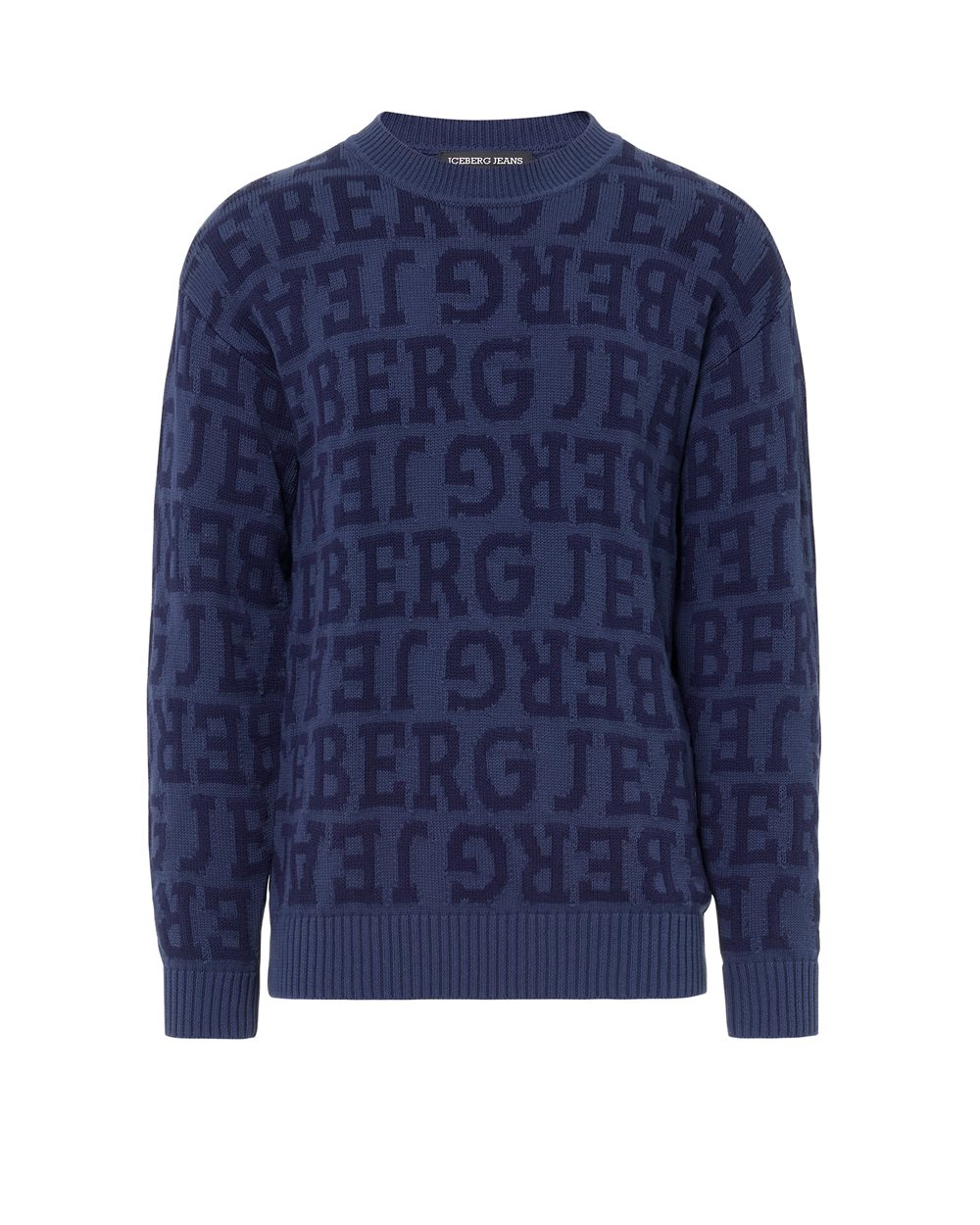 Blauer Rundhalspullover in normaler Passform aus reiner Baumwolle mit Logo-Inlay in Denim-Optik - Kleidung | Iceberg - Official Website