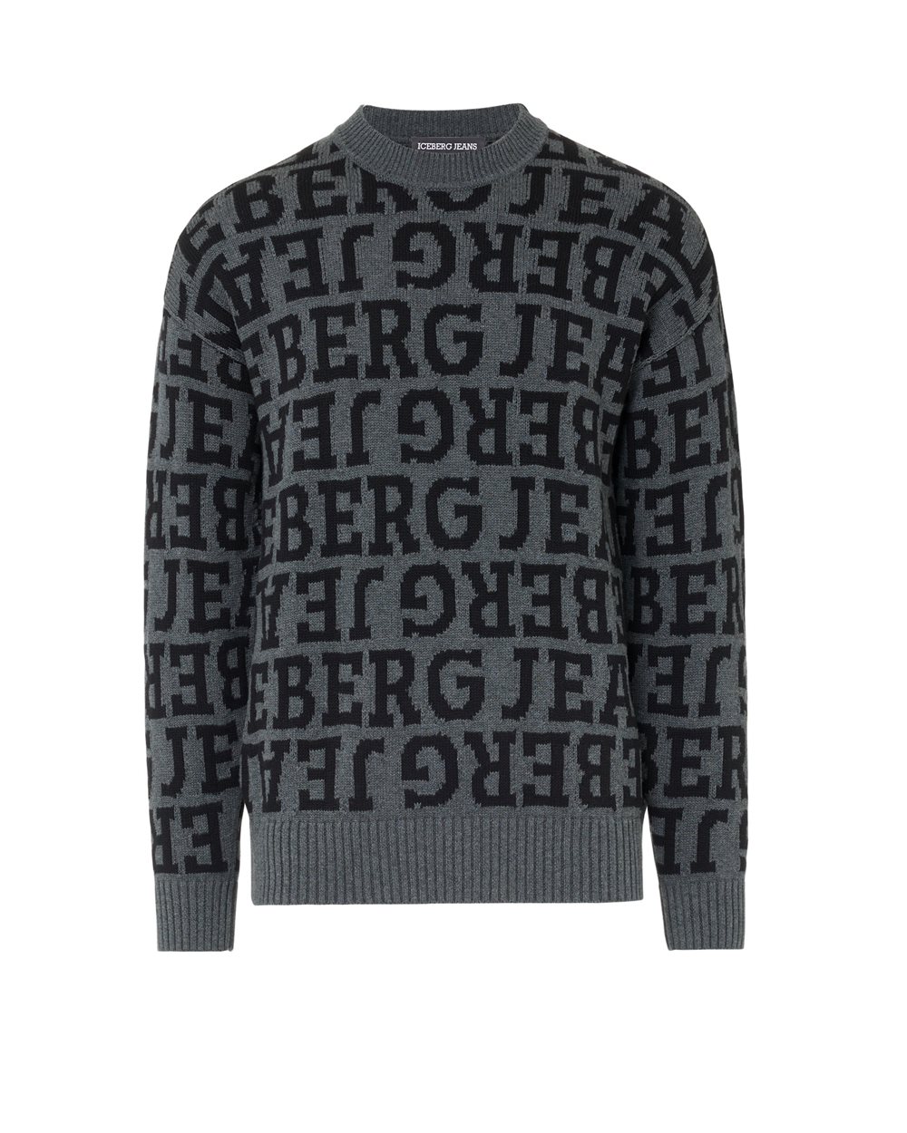 Grey regular-fit crewneck sweater in pure cotton with denim-effect logo inlay - per abilitare | Iceberg - Official Website