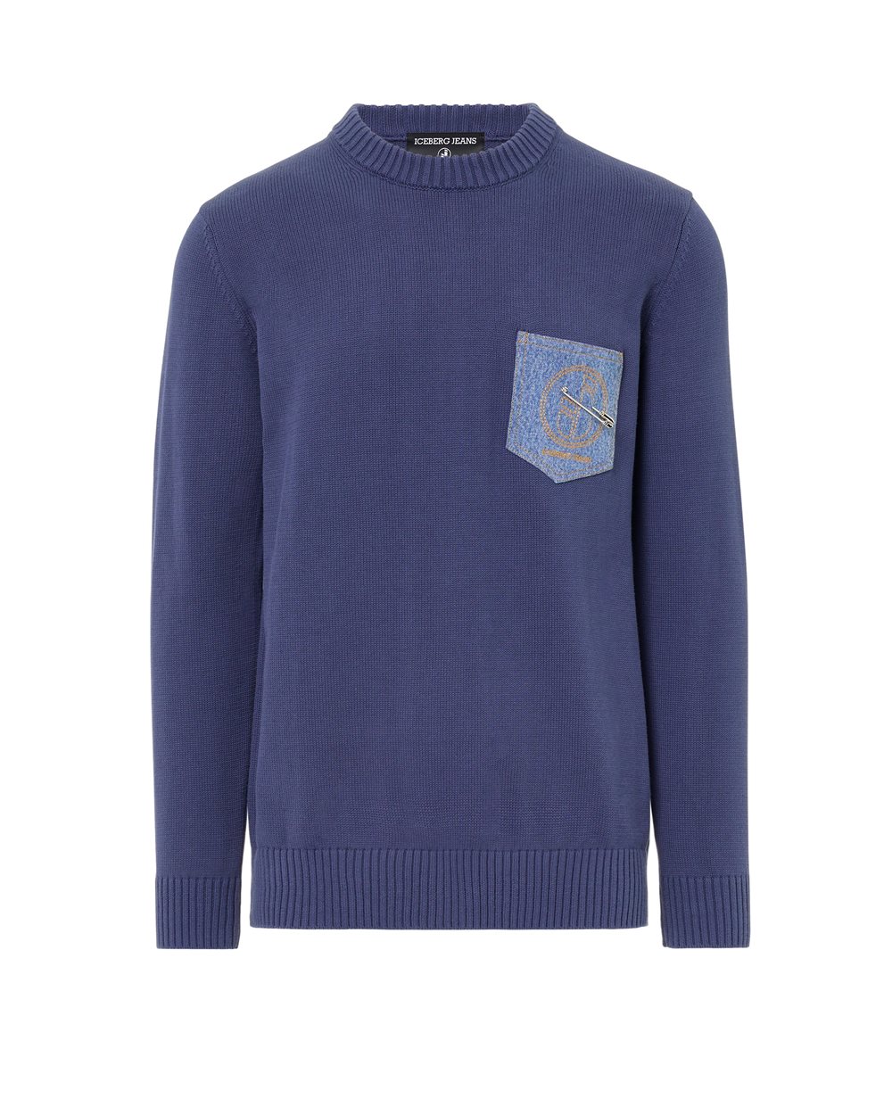 Pullover girocollo grigio regular fit in cotone puro con taschino denim ricamato e spilla logo - abbigliamento | Iceberg - Official Website