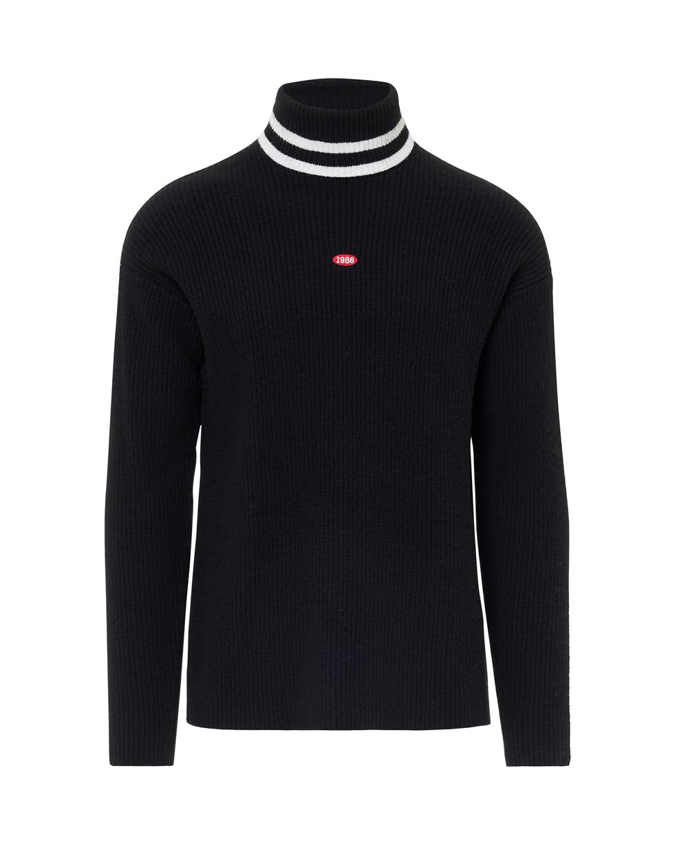 Relaxed fit black wool and cashmere turtleneck with contrasting stripes - Clothing | Iceberg - Official Website