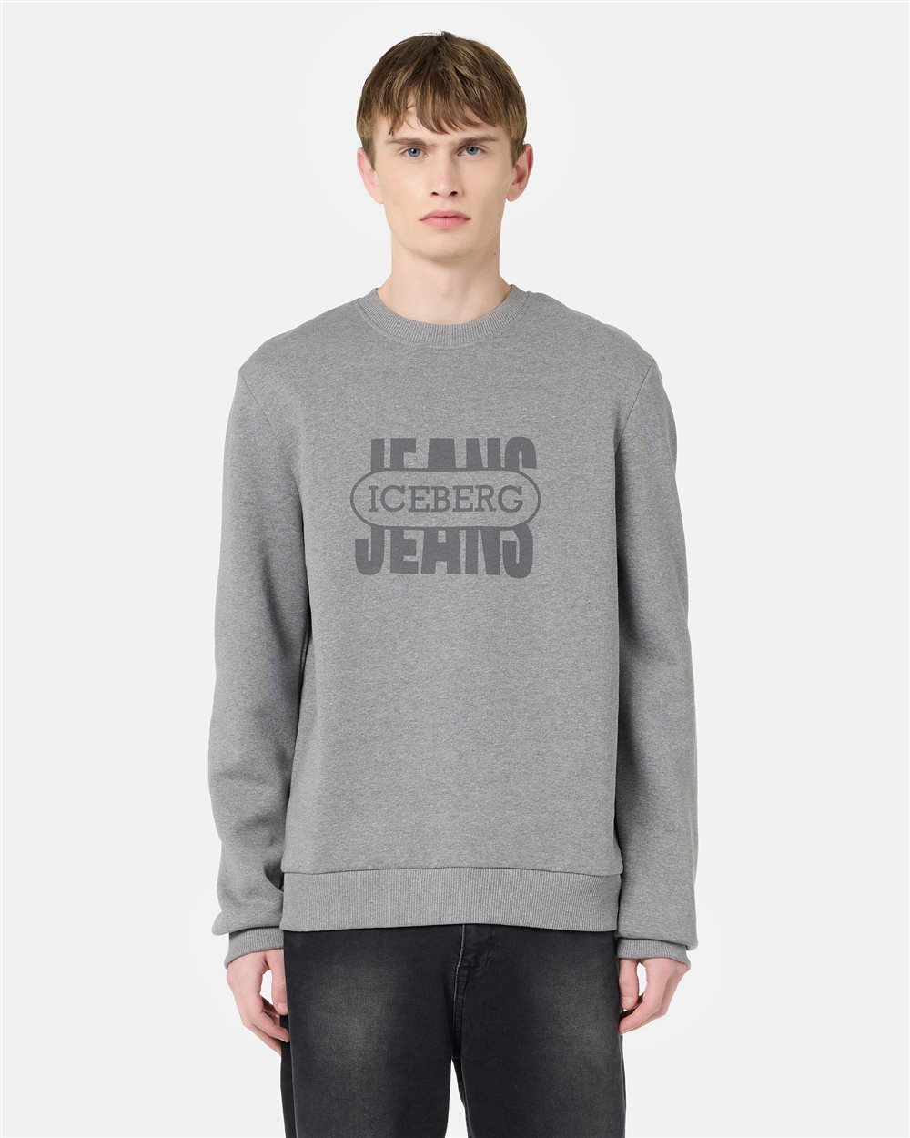 Regular-fit crewneck sweater in melange grey cotton brushed fleece - Clothing | Iceberg - Official Website