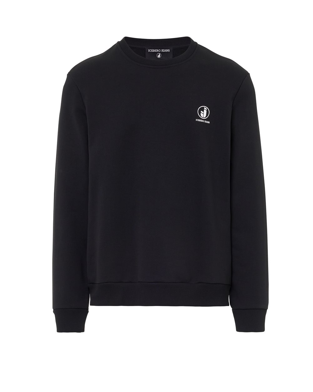 Pullover girocollo regular fit in felpa diagonale di cotone nero con stampa logo IJ sul cuore - abbigliamento | Iceberg - Official Website