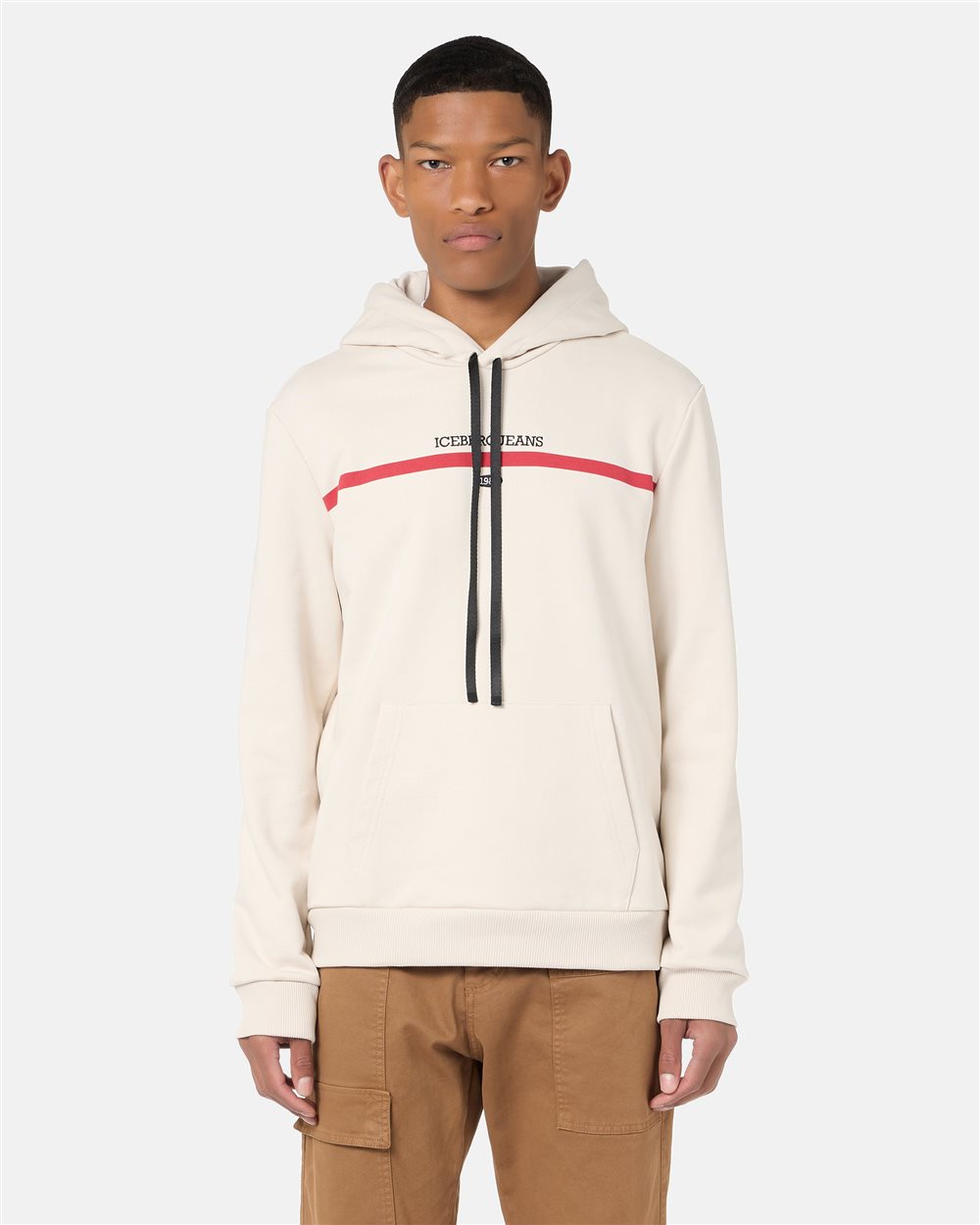 Regular fit hoodie in ivory cotton diagonal fleece with hood, logo print and 1986 date embroidery - carosello iceberg jeans man | Iceberg - Official Website