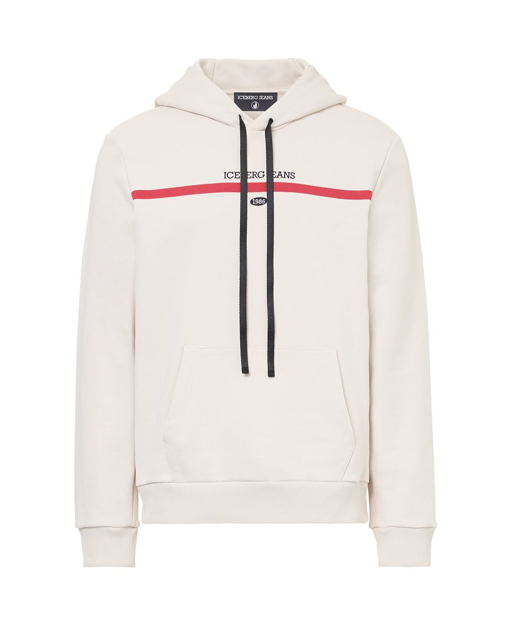 Regular fit hoodie in ivory cotton diagonal fleece with hood, logo print and 1986 date embroidery - carosello iceberg jeans man | Iceberg - Official Website