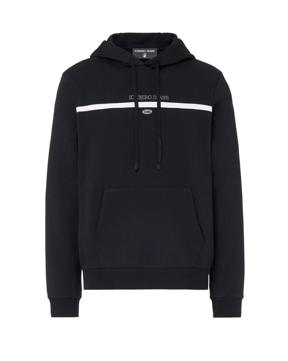 Hoodie regular fit in felpa diagonale di cotone nero con cappuccio, stampa logo e ricamo data 1986 - per abilitare | Iceberg - Official Website