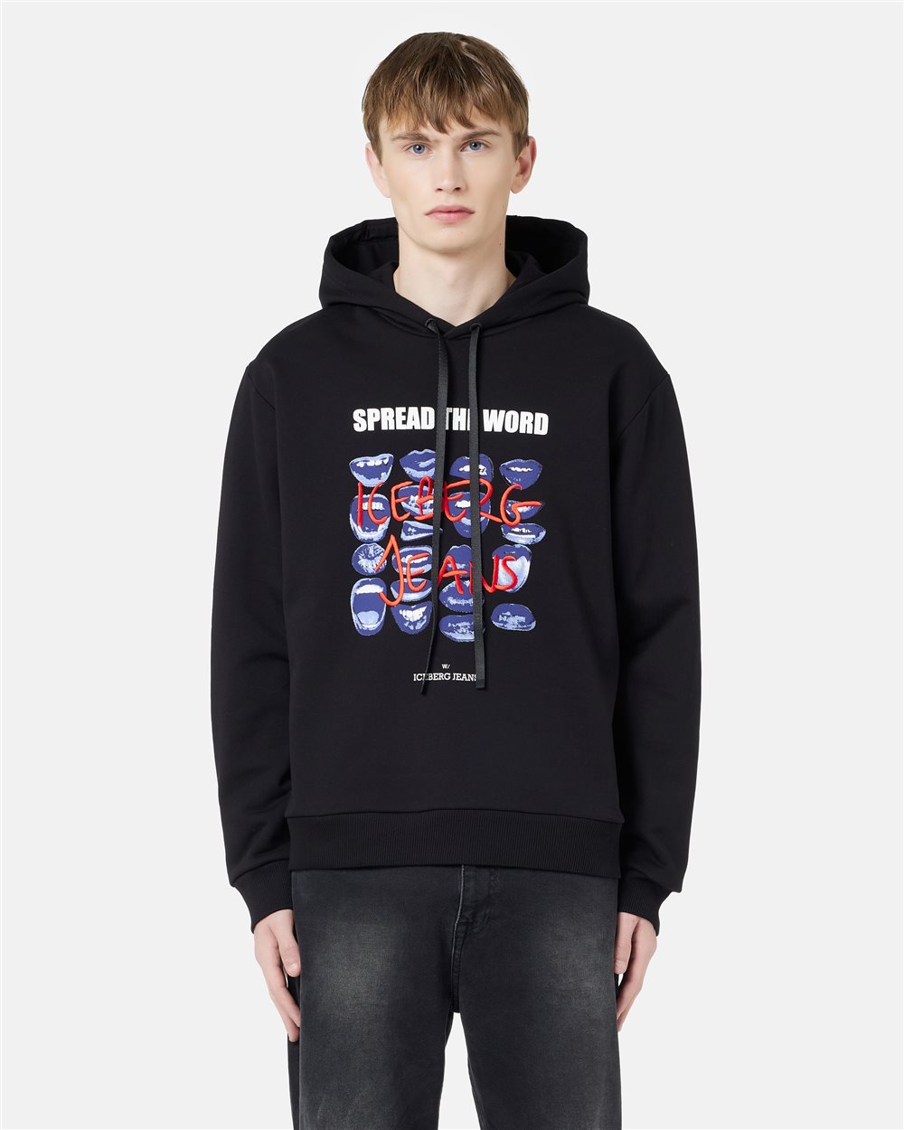 Chill Fit Hoodie in black cotton diagonal fleece with Bocche print and Iceberg logo embroidery - carosello iceberg jeans man | Iceberg - Official Website