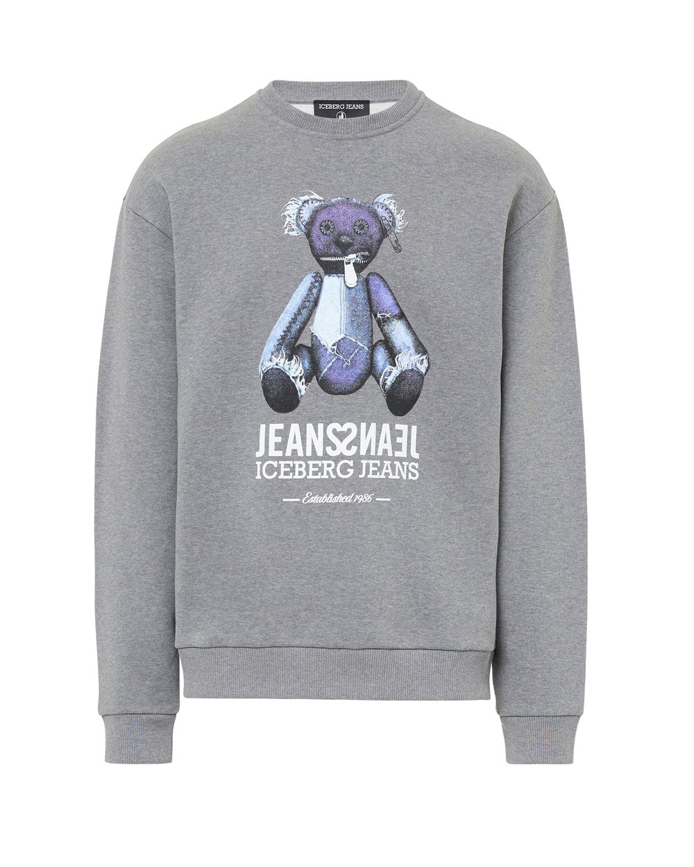 Relaxed fit crew neck sweater in melange grey cotton brushed fleece - Clothing | Iceberg - Official Website