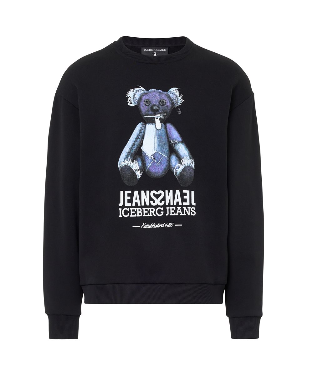 Relaxed fit crew neck sweater in black cotton brushed fleece - Clothing | Iceberg - Official Website