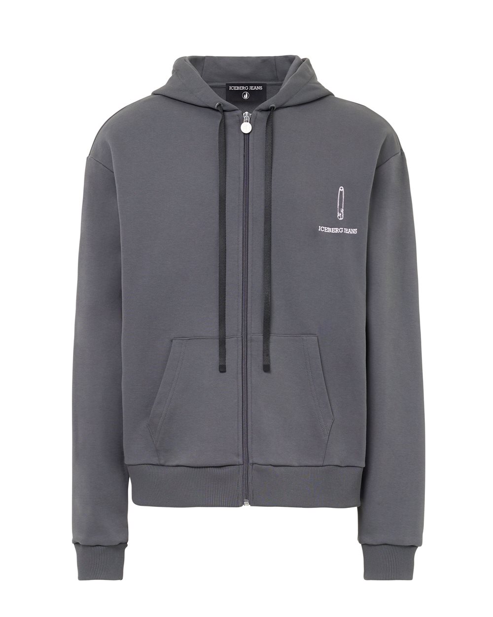 Hoodie full zip relaxed fit in felpa garzata di cotone grigio piombo con dettagli logo IJ - abbigliamento | Iceberg - Official Website