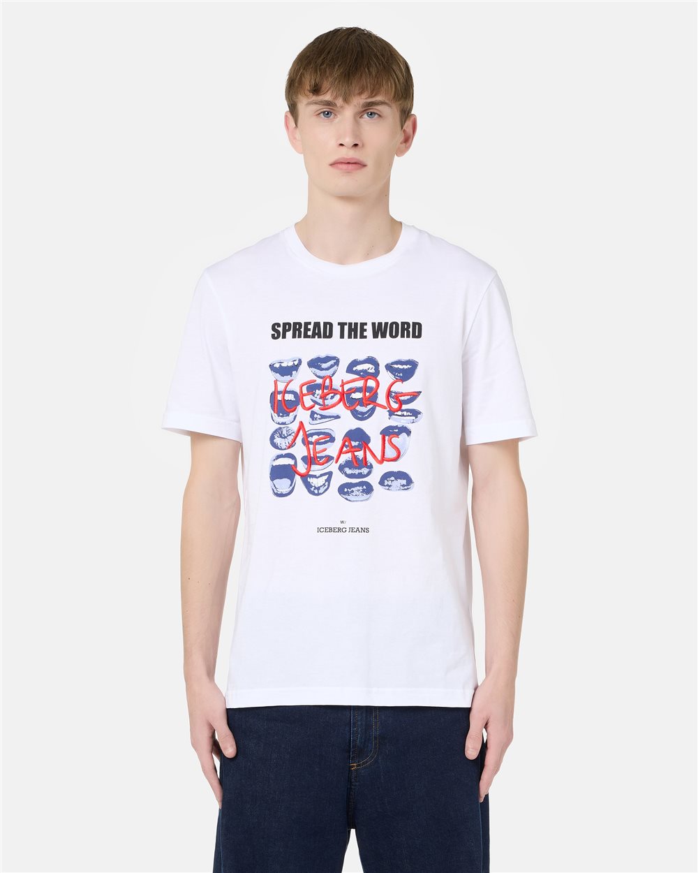 Regular Fit T-shirt in Optical White Cotton Jersey with Mouth Print and Iceberg Logo Embroidery - carosello iceberg jeans man | Iceberg - Official Website