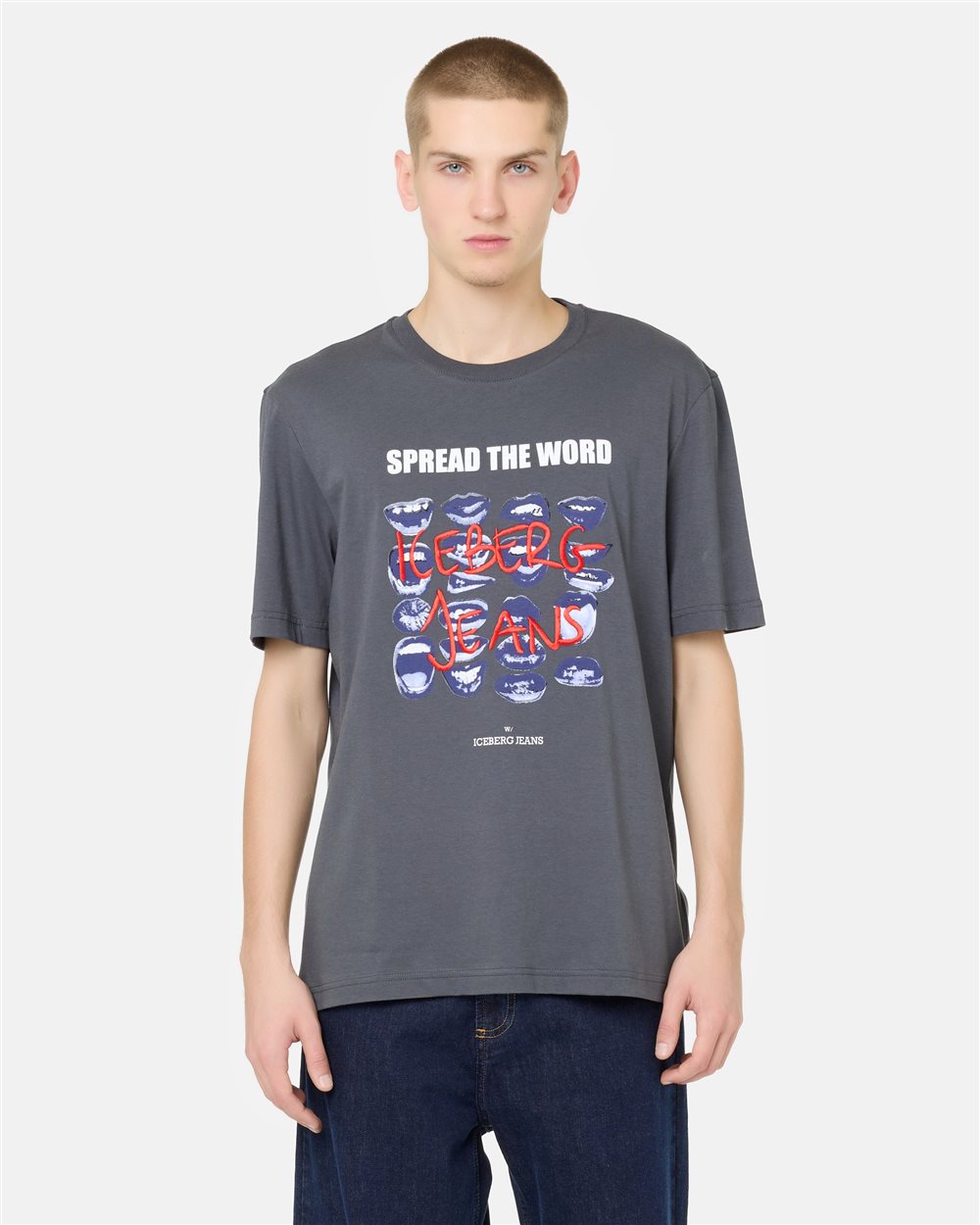 Regular Fit T-shirt in Lead Grey Cotton Jersey with Mouth Print and Iceberg Logo Embroidery - T-SHIRTS | Iceberg - Official Website