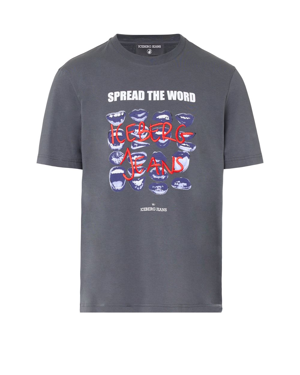 Regular Fit T-shirt in Lead Grey Cotton Jersey with Mouth Print and Iceberg Logo Embroidery - T-SHIRTS | Iceberg - Official Website