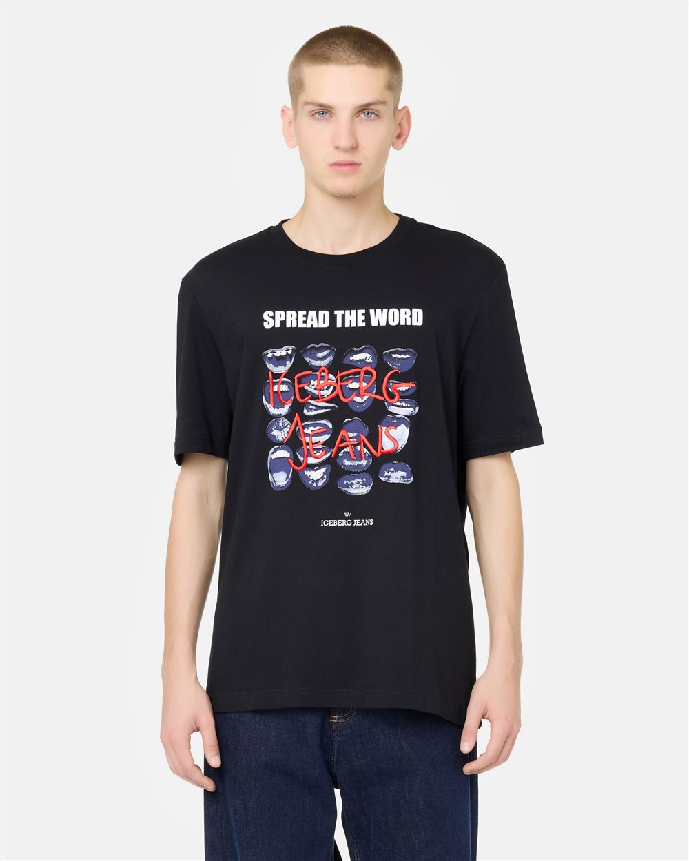 Regular Fit T-shirt in Black Cotton Jersey with Mouth Print and Iceberg Logo Embroidery - T-SHIRTS | Iceberg - Official Website