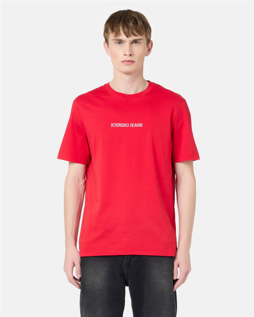 Regular-fit red cotton jersey T-shirt with logo embroidery and Doubledecker print - carosello iceberg jeans man | Iceberg - Official Website