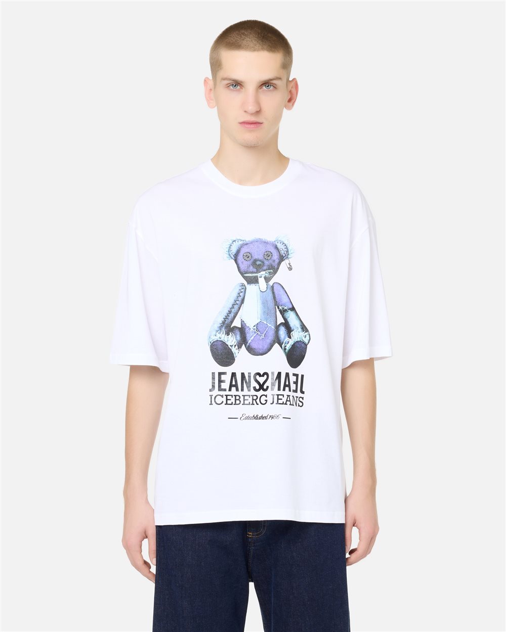 Optical white T-shirt with denim teddy bear print and shiny logo - T-SHIRTS | Iceberg - Official Website