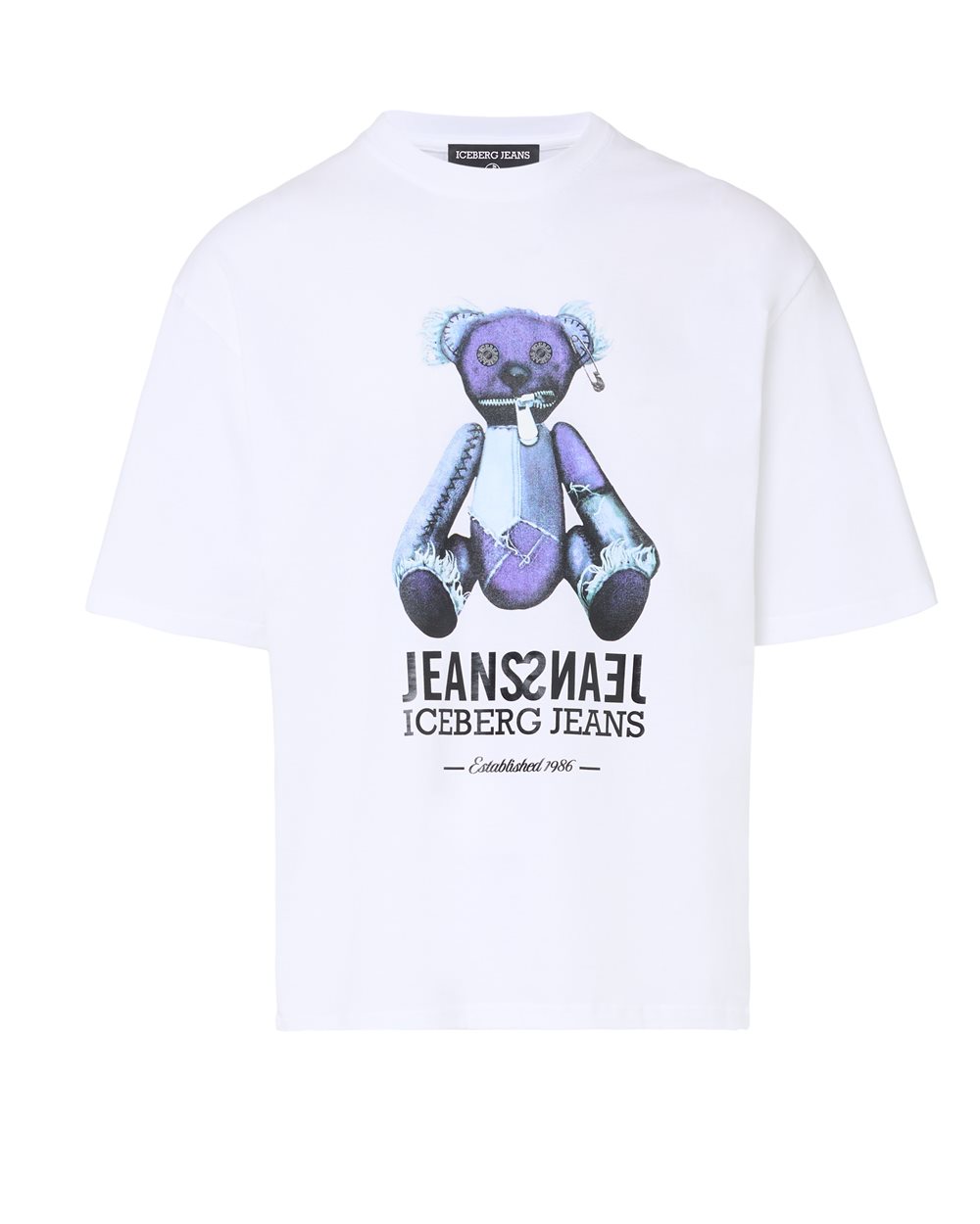 Optical white T-shirt with denim teddy bear print and shiny logo - T-SHIRTS | Iceberg - Official Website