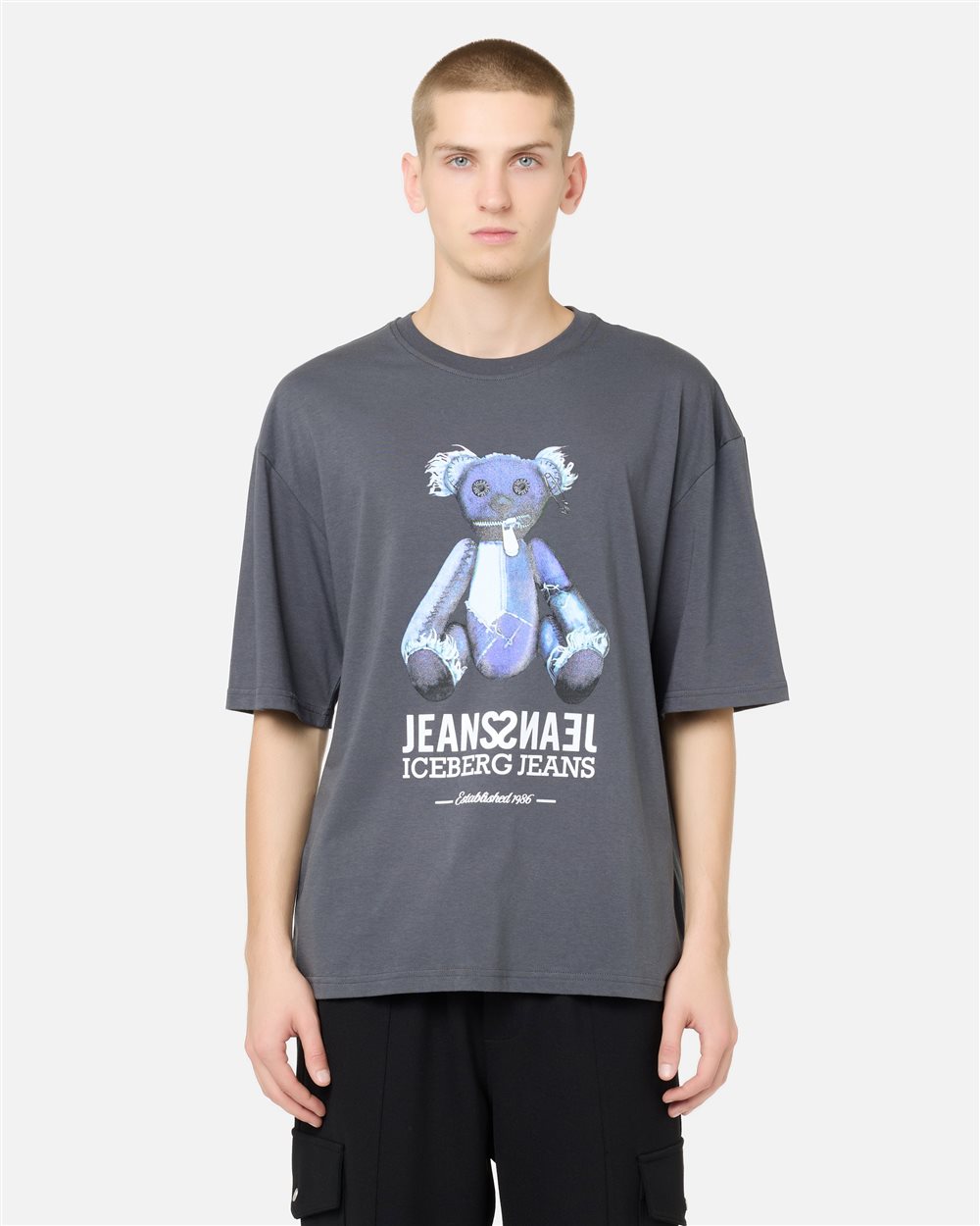 Lead grey T-shirt with denim teddy bear print and shiny logo - T-SHIRTS | Iceberg - Official Website