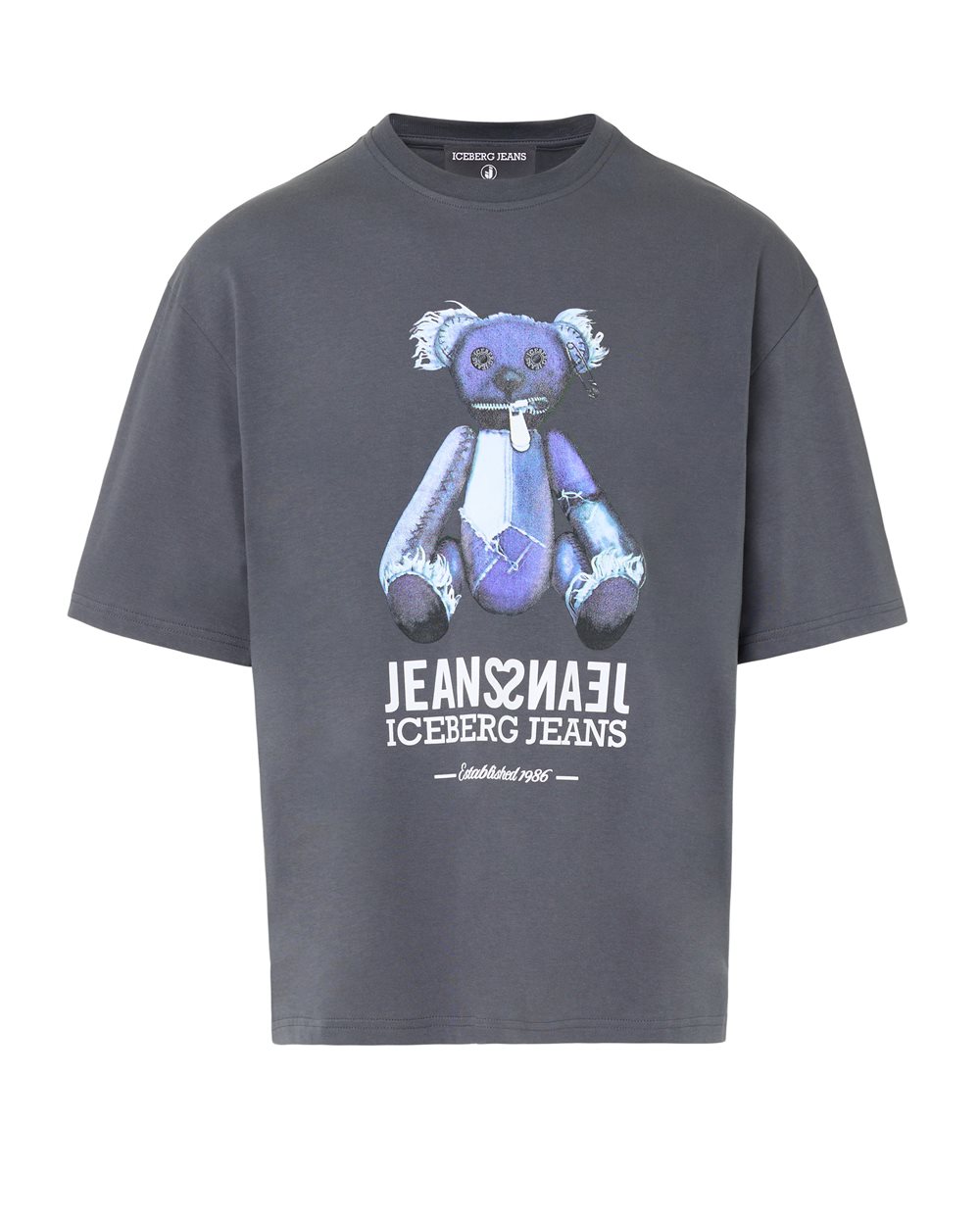 Lead grey T-shirt with denim teddy bear print and shiny logo - T-SHIRTS | Iceberg - Official Website