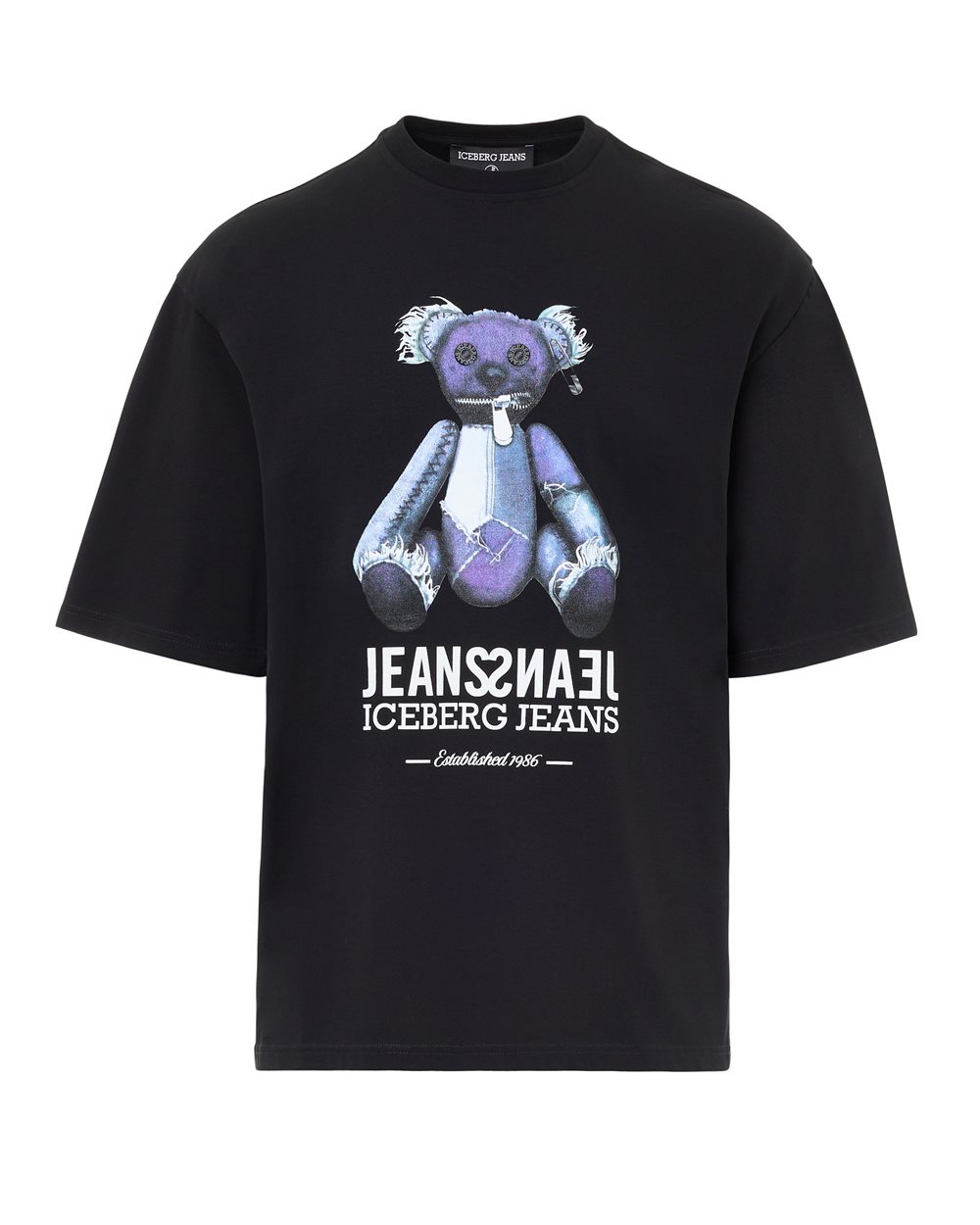 Black T-shirt with denim teddy bear print and shiny logo - T-SHIRTS | Iceberg - Official Website