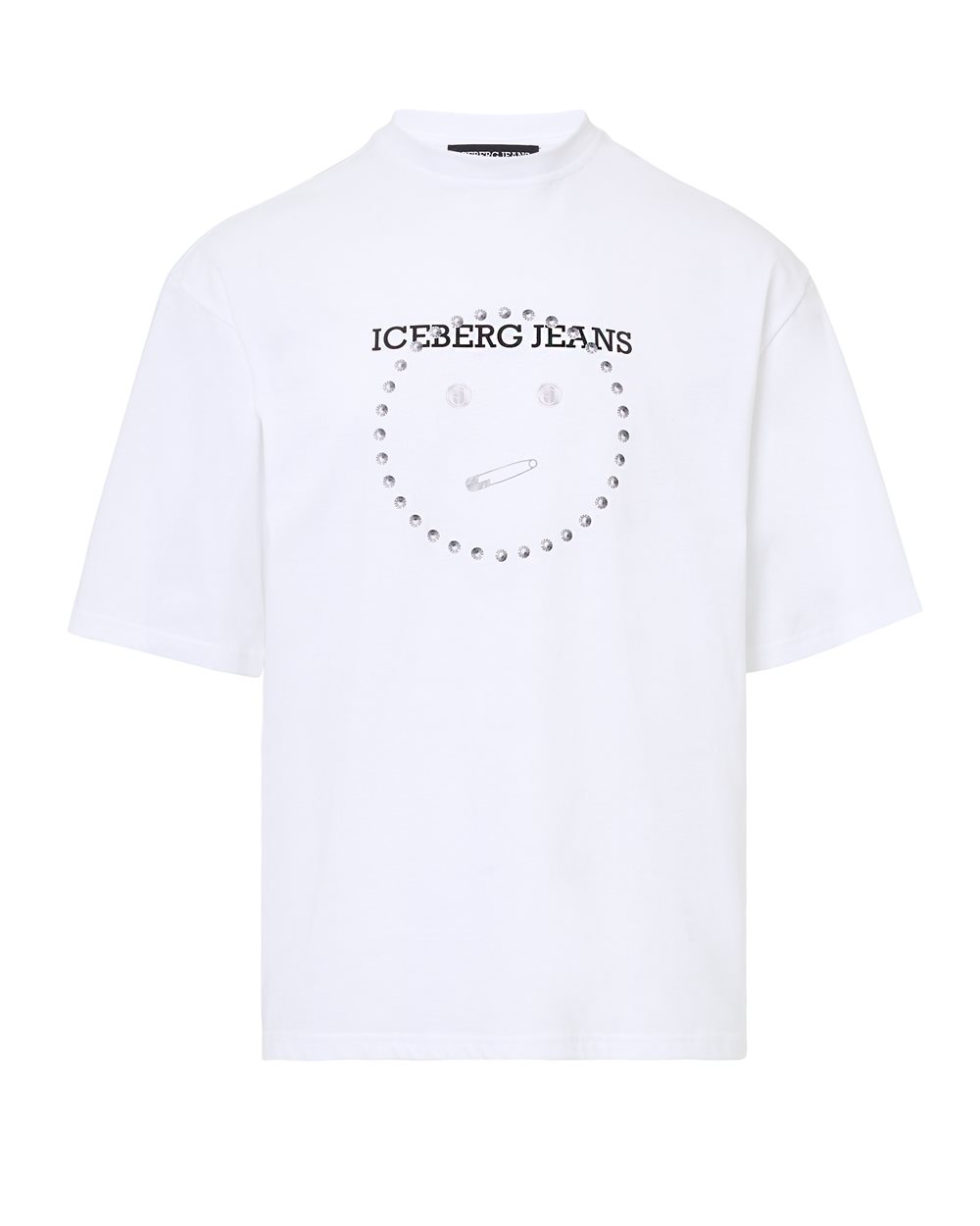 Relaxed fit T-shirt in optical white cotton jersey with Smile print in logoed metal - carosello iceberg jeans man | Iceberg - Official Website