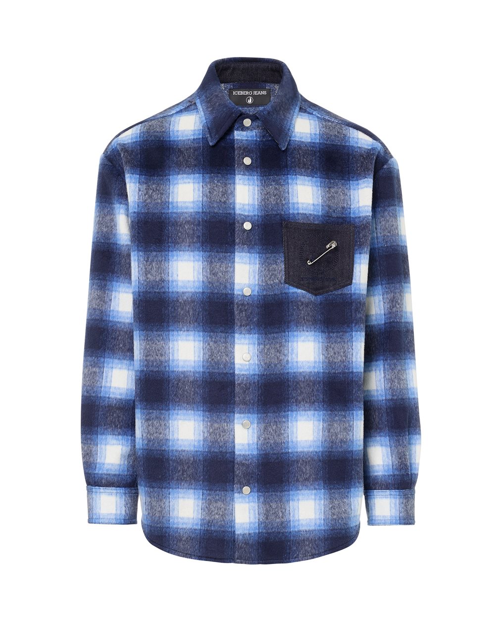 Blau kariertes Woll-Overshirt-Hemd mit Jeanstasche und Iceberg-Logo - hemden | Iceberg - Official Website