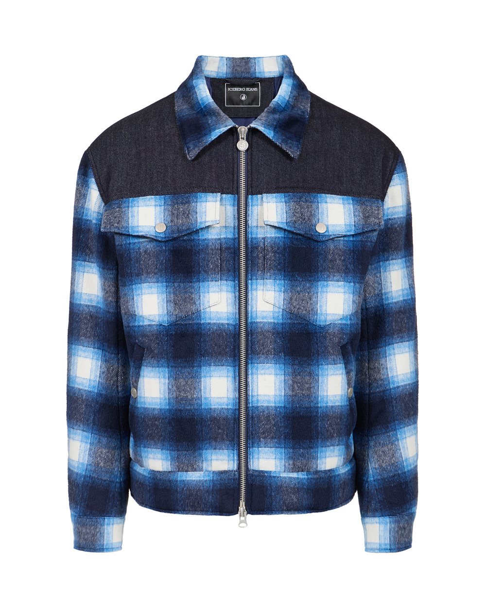 Coach-fit jacket in white and blue checked wool cloth with denim details and Iceberg logo - OUTERWEAR | Iceberg - Official Website