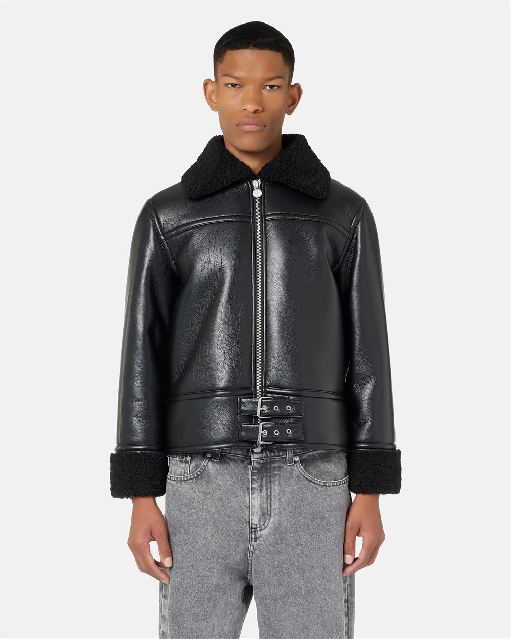 Aviator-fit jacket in black faux shearling with a curly fleece lining and Iceberg logo - OUTERWEAR | Iceberg - Official Website