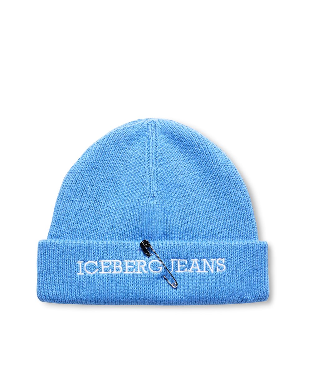 Blue wool-cashmere blend knit beanie with double cuff and Iceberg logo - Accessories | Iceberg - Official Website