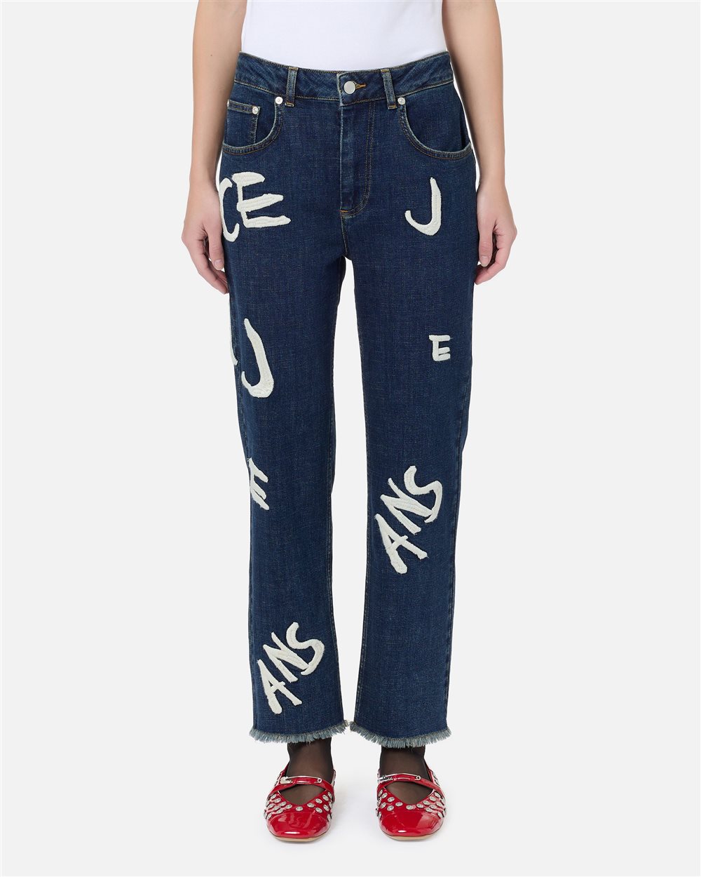 5-pocket straight cropped fit trousers in blue stretch denim with vintage logo embroidery - carosello iceberg jeans woman | Iceberg - Official Website