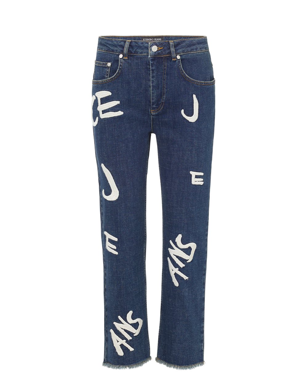 5-pocket straight cropped fit trousers in blue stretch denim with vintage logo embroidery - carosello iceberg jeans woman | Iceberg - Official Website