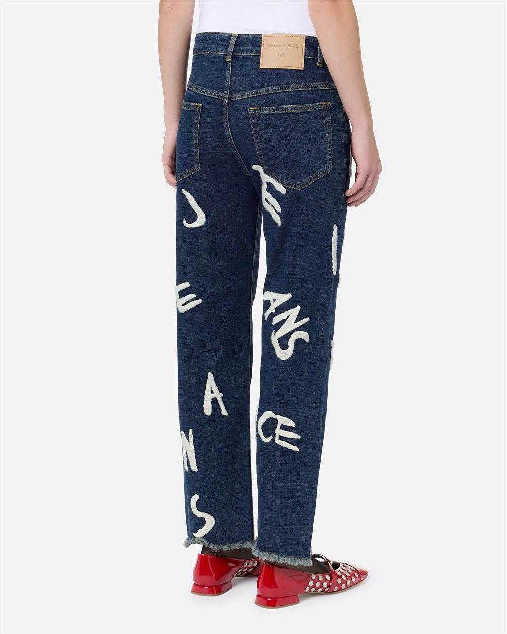 5-pocket straight cropped fit trousers in blue stretch denim with vintage logo embroidery - carosello iceberg jeans woman | Iceberg - Official Website