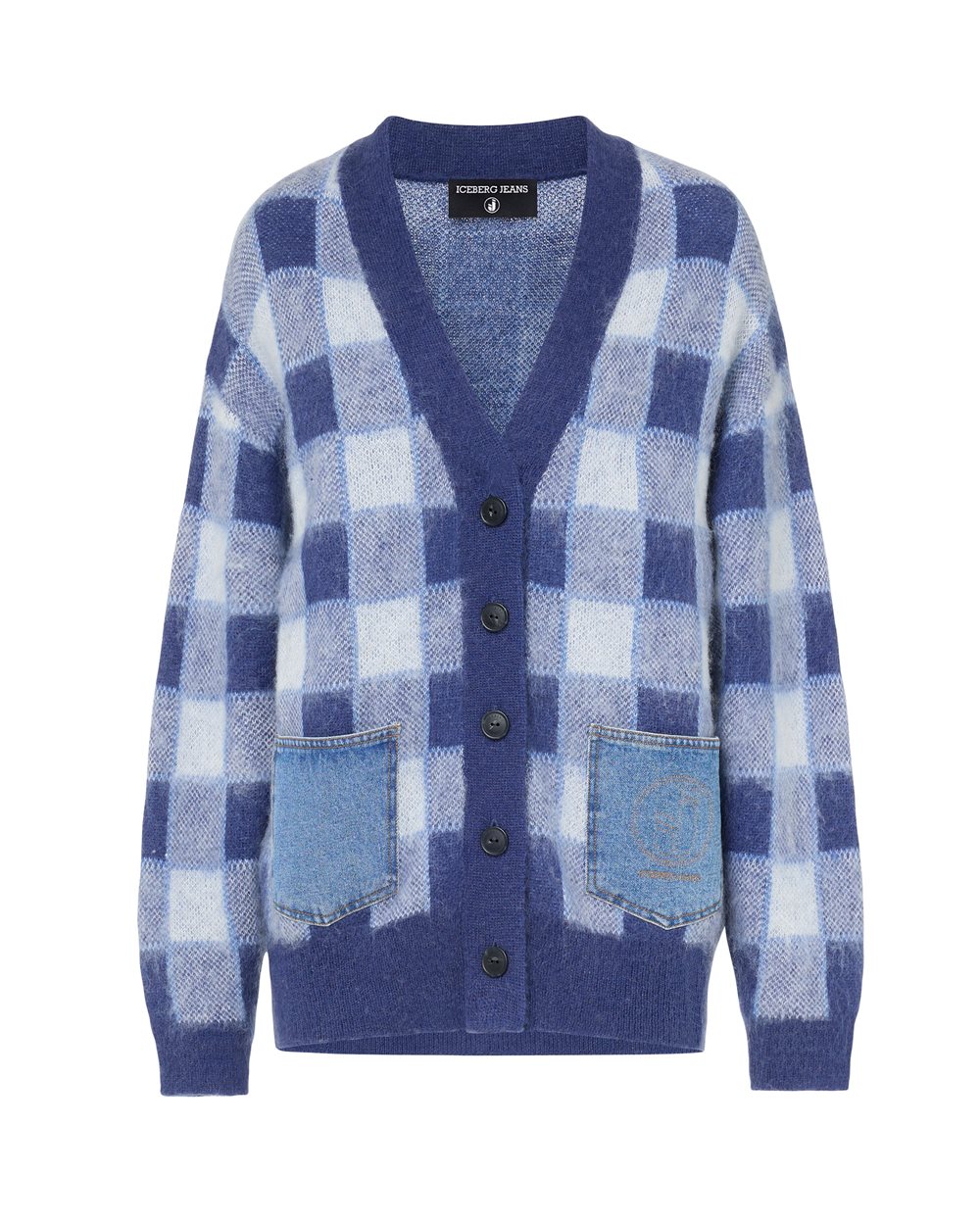 Relaxed-Fit-Cardigan aus blau-weiß karierter Mohairwolle mit Jeanstaschen und Iceberg-Logo - Iceberg Jeans | Iceberg - Official Website