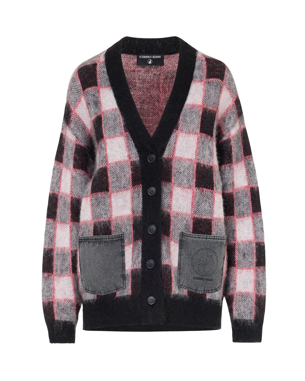Locker geschnittene rot-schwarz karierte Strickjacke aus Mohairwolle mit Jeanstaschen und Iceberg-Lo - Iceberg Jeans | Iceberg - Official Website