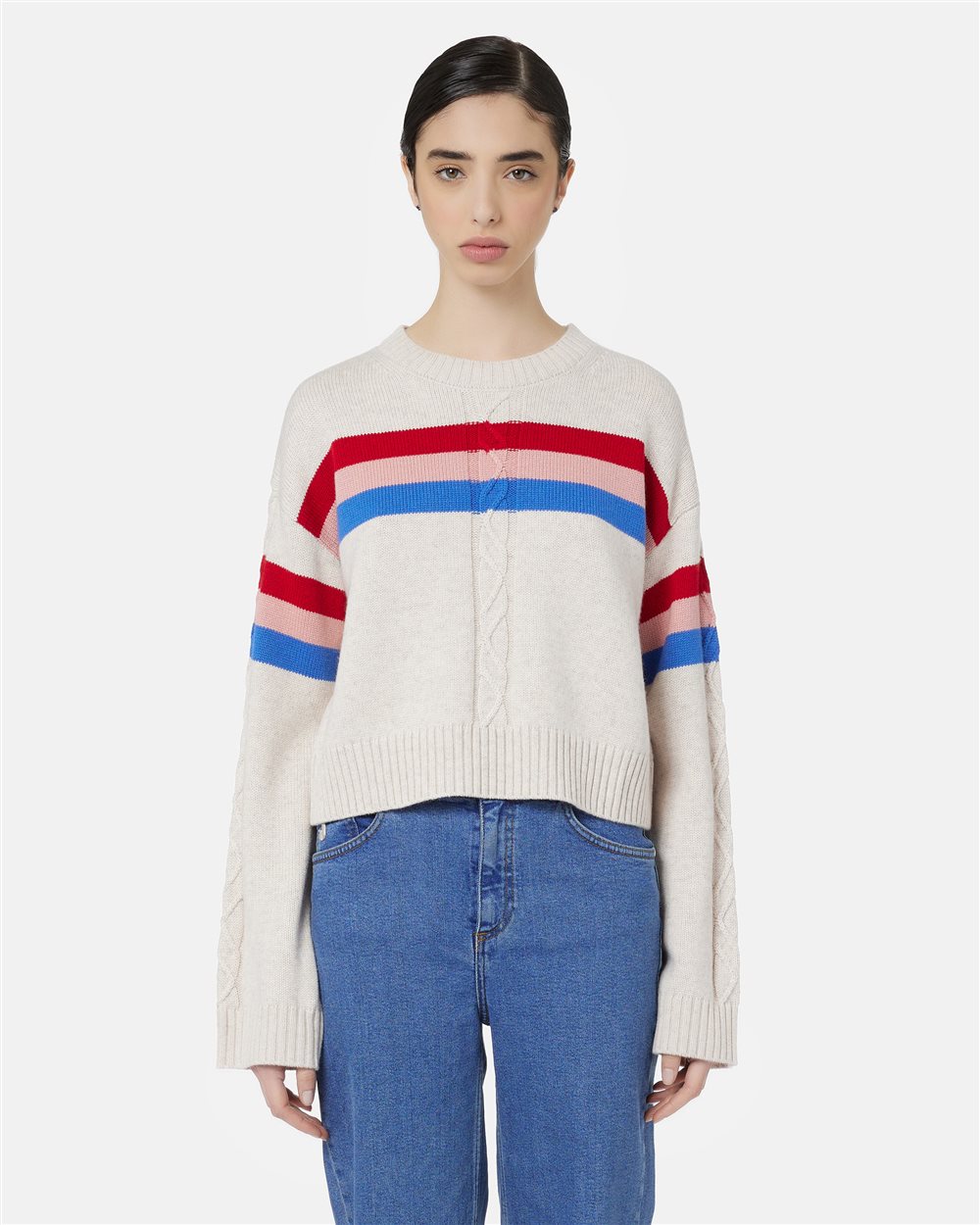 Ivory boxy-fit crewneck sweater with colorful striped band and Iceberg logo - Iceberg Jeans | Iceberg - Official Website