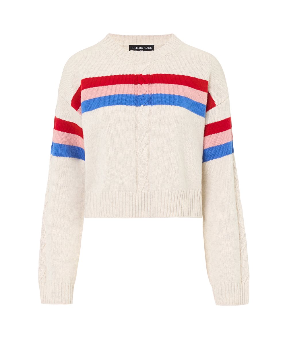 Ivory boxy-fit crewneck sweater with colorful striped band and Iceberg logo - Iceberg Jeans | Iceberg - Official Website